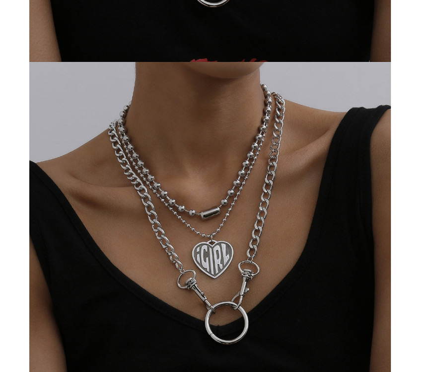 Fashion White K Heart-shaped Embossed Alphabet Bead Chain Multi-layer Necklace,Multi Strand Necklaces