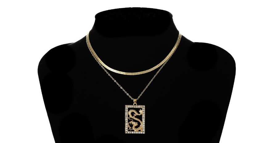 Fashion Golden Dragon-shaped Micro-set Rhinestone Square Geometric Multilayer Necklace Earrings,Multi Strand Necklaces