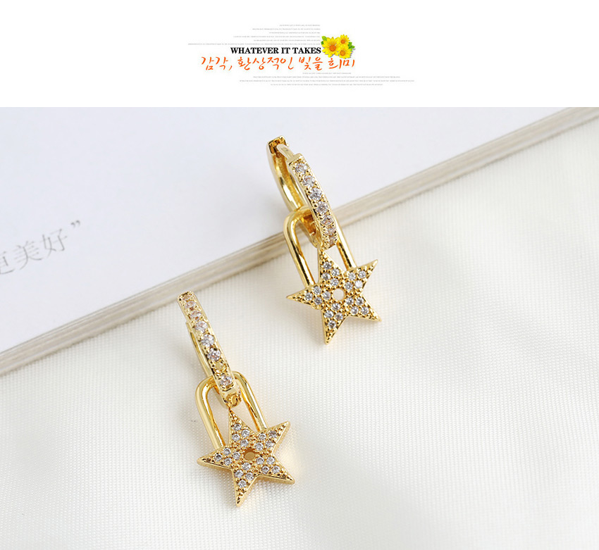 Fashion Golden Copper-inlaid Zircon Five-pointed Star Stud Earrings,Earrings