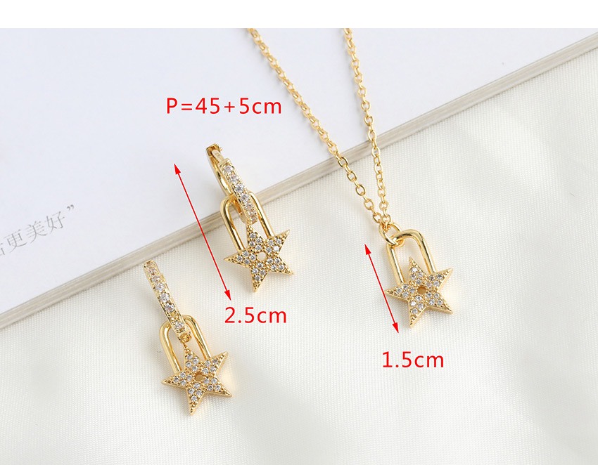 Fashion Golden Copper-set Zircon Pentagram Lock Necklace,Necklaces