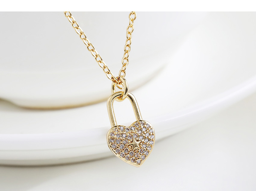 Fashion Golden Copper Inlay Zircon Love Lock Necklace,Necklaces