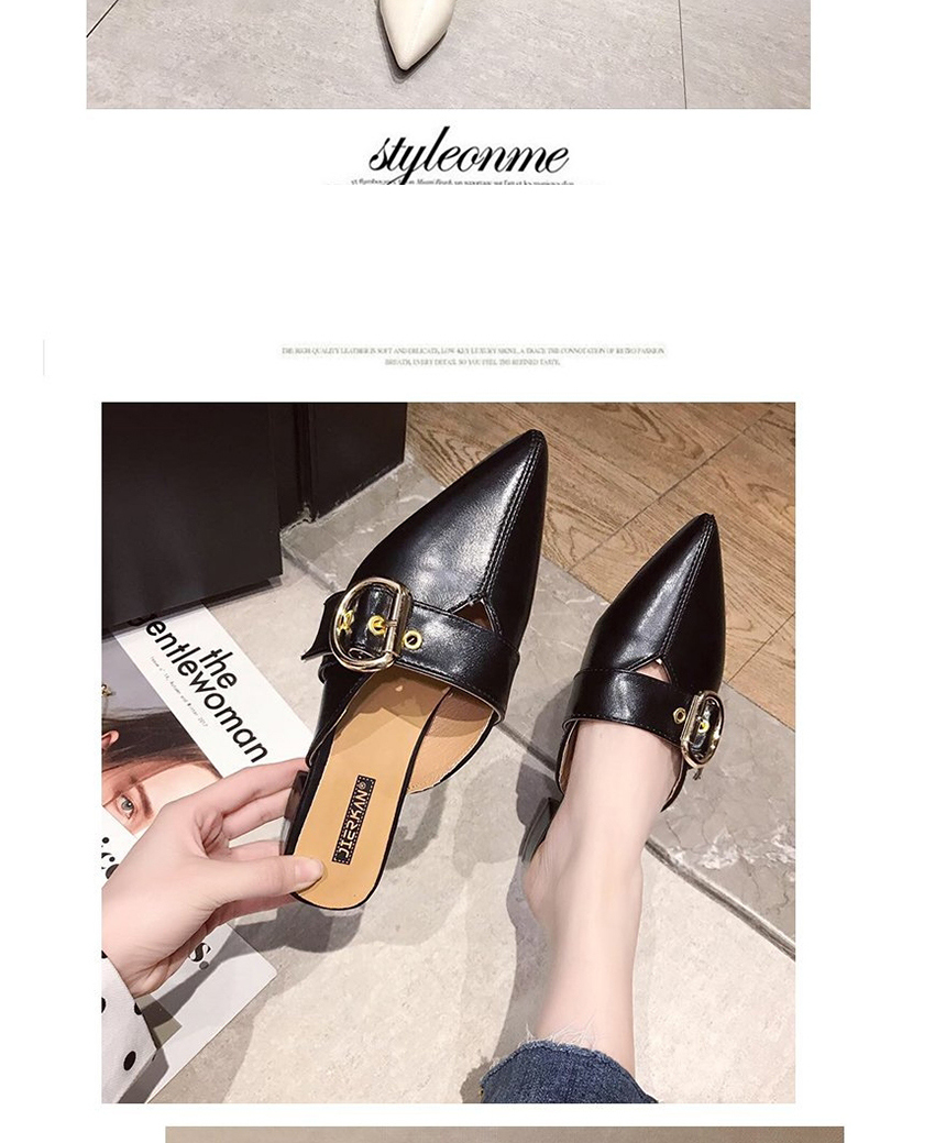 Fashion Beige Belt Buckle Pointed Toe Low-heeled Sandals,Slippers