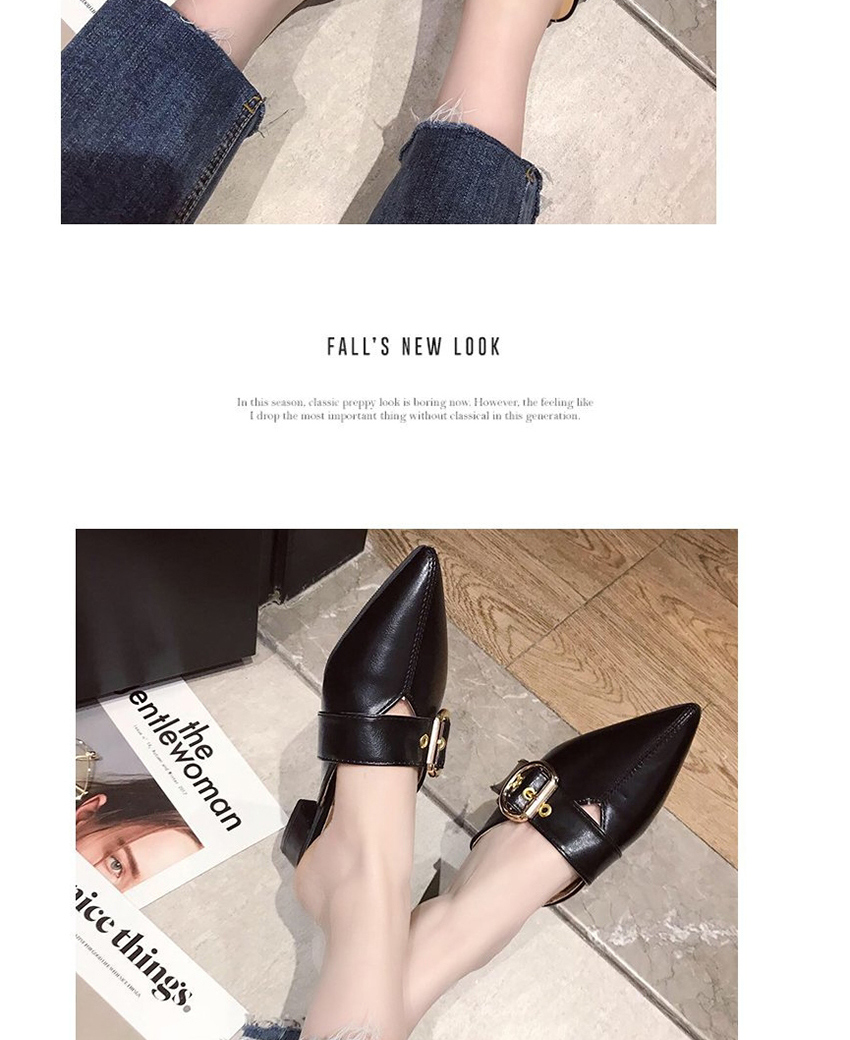 Fashion Black Belt Buckle Pointed Toe Low-heeled Sandals,Slippers