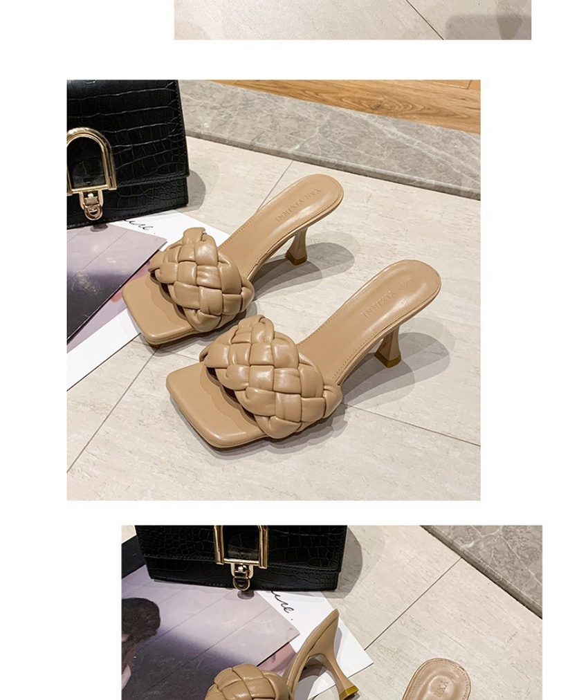 Fashion Beige Woven Belt Square Head High-heeled Sandals And Slippers,Slippers