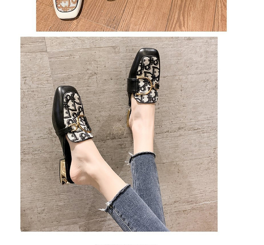 Fashion Beige Letter Chain Baotou Half Slippers,Slippers