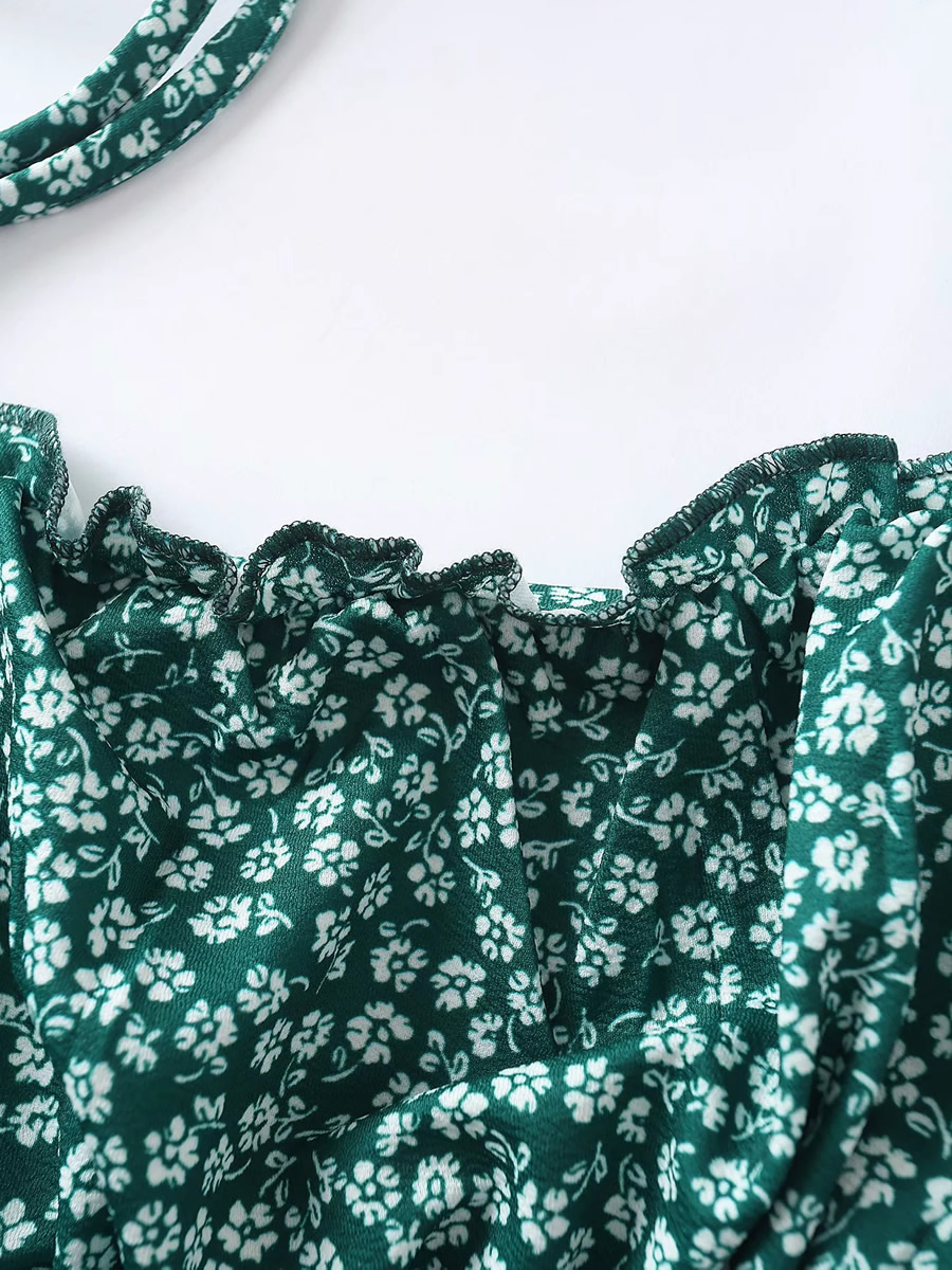 Fashion Green Floral Green Printed Tethered Fungus Sling Skirt,Long Dress