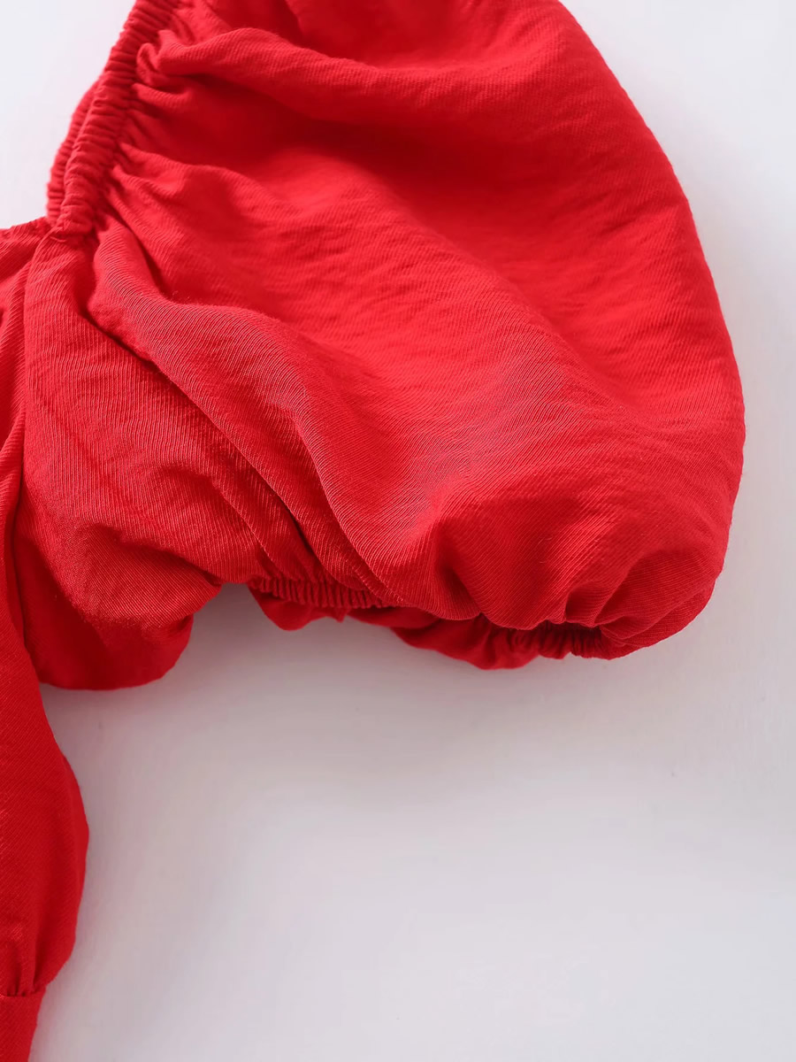 Fashion Red Single-breasted Puff Sleeve Split Dress,Long Dress