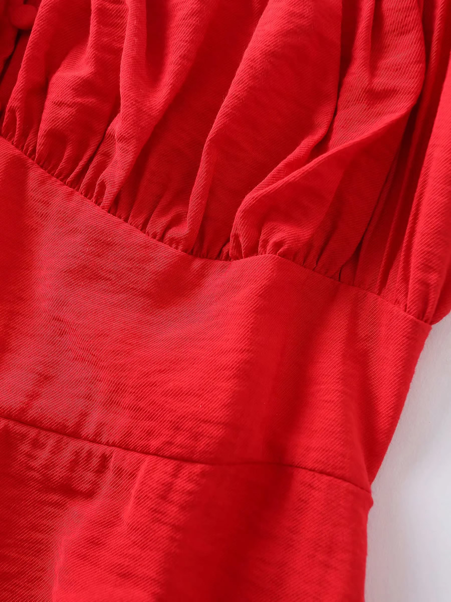 Fashion Red Single-breasted Puff Sleeve Split Dress,Long Dress