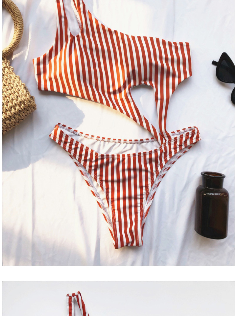 Fashion Stripe One-shoulder Hollowed Out Navel One-piece Swimsuit,One Pieces