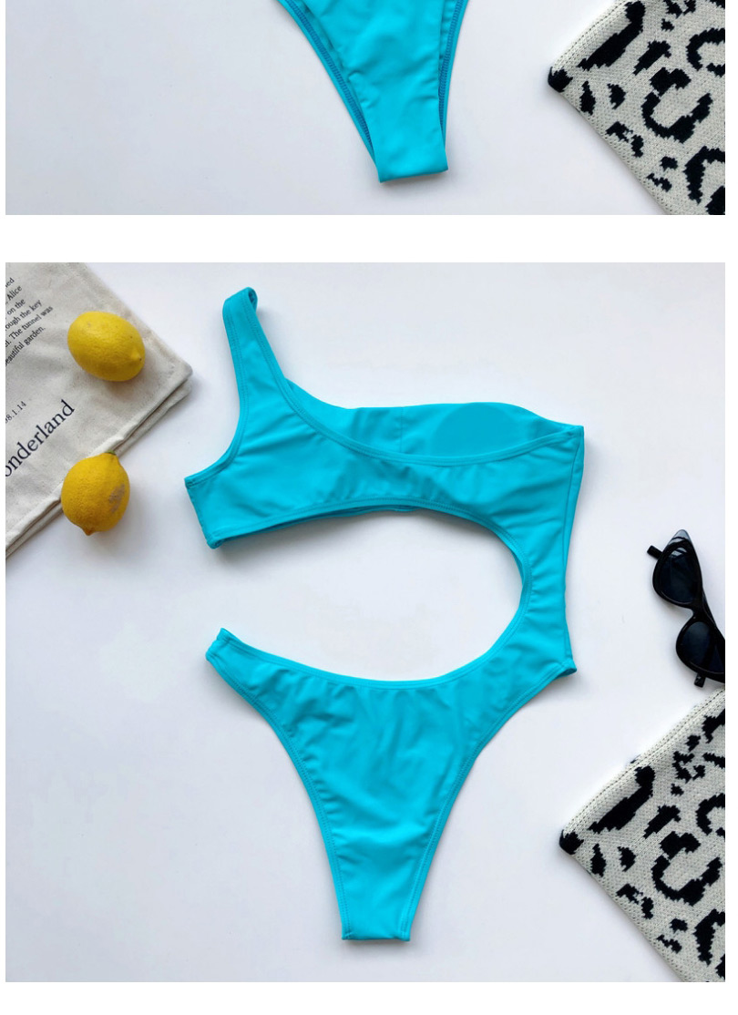 Fashion Blue Hollow Knotted Leak Navel One Shoulder One-piece Swimsuit,One Pieces