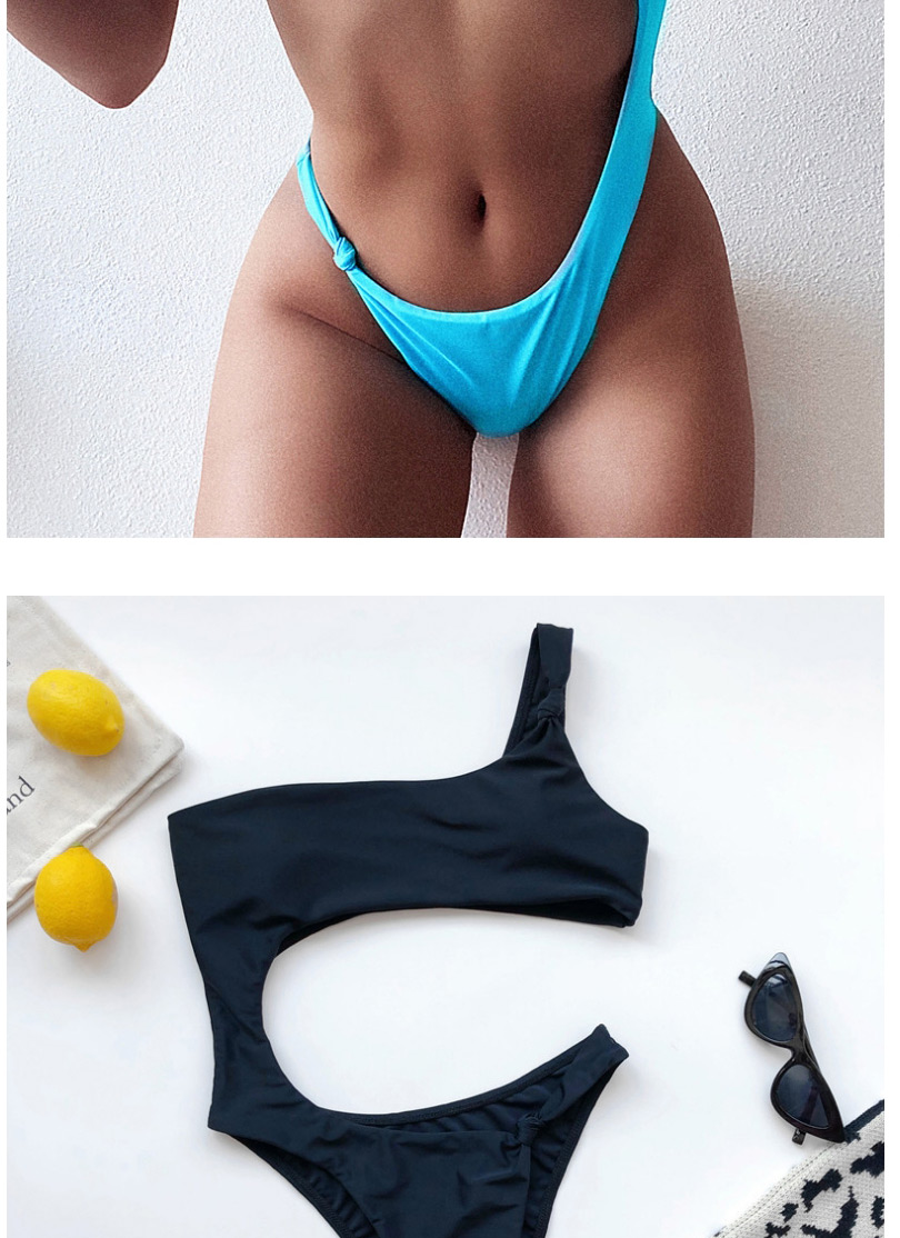 Fashion Blue Hollow Knotted Leak Navel One Shoulder One-piece Swimsuit,One Pieces