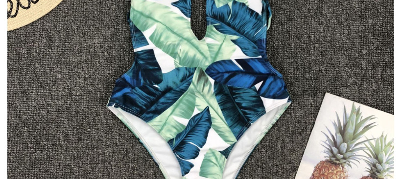 Fashion Green Leaf Print V-neck One-piece Swimsuit,One Pieces