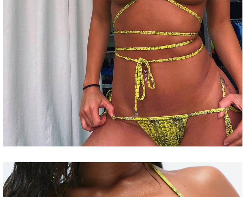 Fashion Yellow Snake Print Ring Bandage Lace Up Split Swimsuit,Bikini Sets