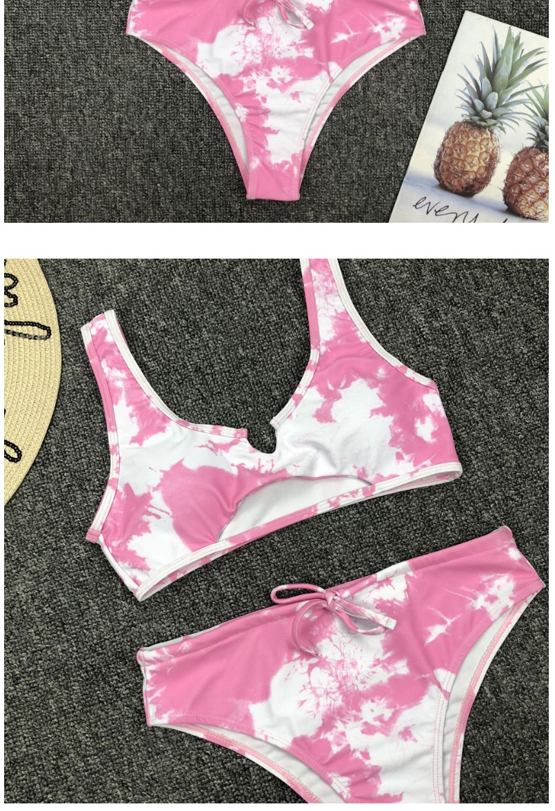 Fashion Pink Gradient Rendering Hollow Drawstring High Waist Split Swimsuit,Bikini Sets