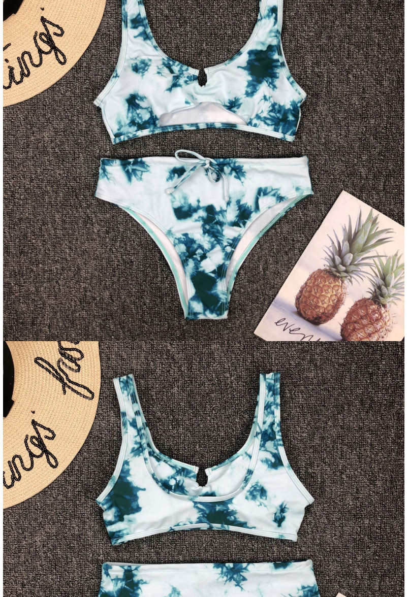 Fashion Blue Gradient Rendering Hollow Drawstring High Waist Split Swimsuit,Bikini Sets