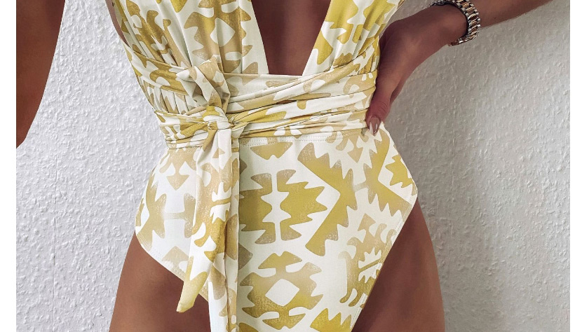 Fashion Yellow Printed V-neck Lace One-piece Swimsuit,One Pieces
