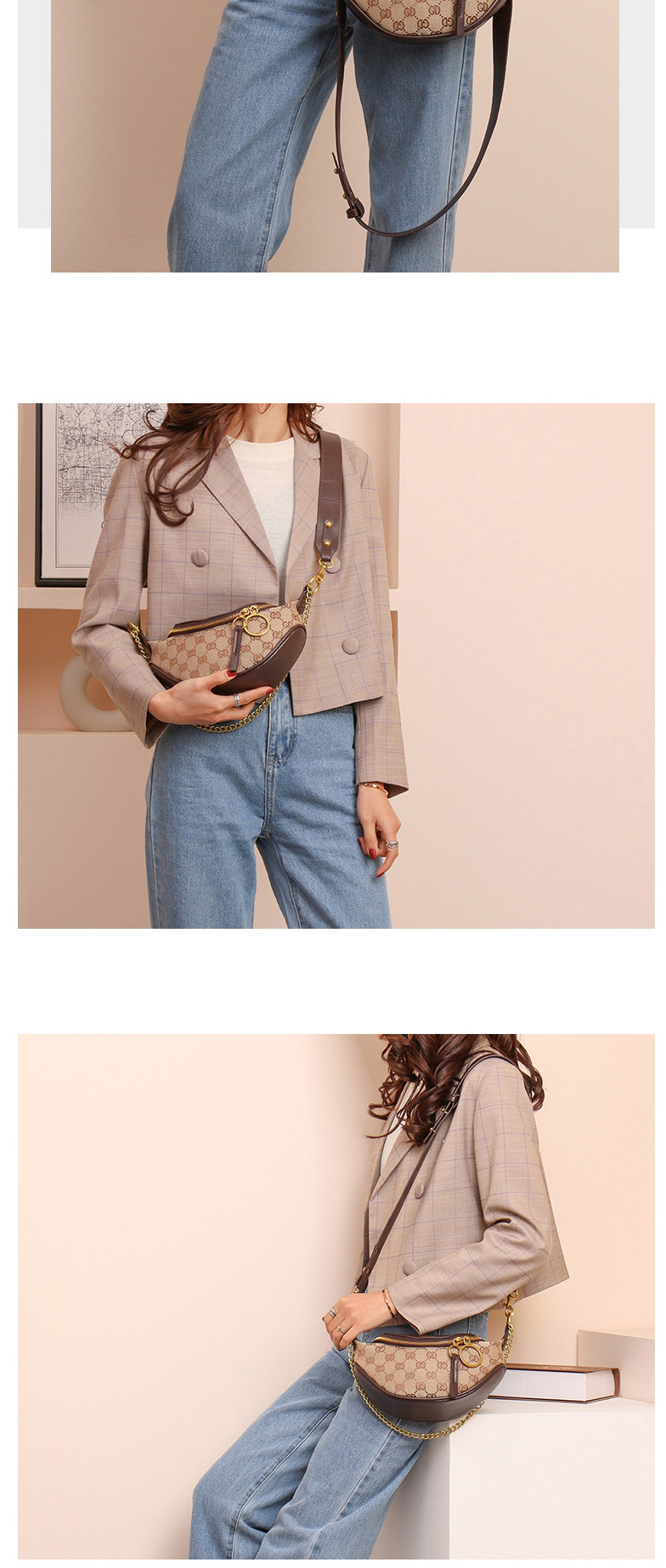 Fashion Khaki Wide Strap Printed Contrast Color Crossbody Shoulder Bag,Messenger bags