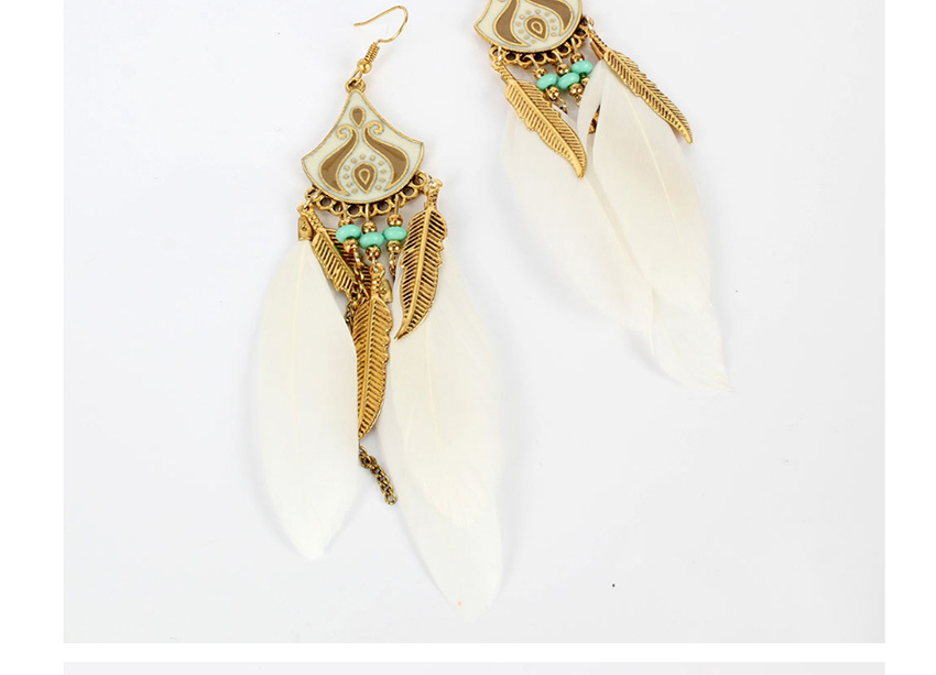Fashion White Feather Rice Bead Alloy Dropping Fringe Earrings,Drop Earrings