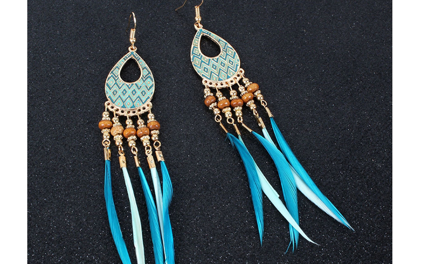 Fashion Blue Feather Rice Beads Geometric Cutout Earrings,Drop Earrings