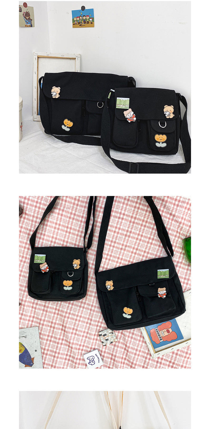 Fashion Black Trumpet Canvas Printed Multi-pocket Shoulder Bag,Shoulder bags