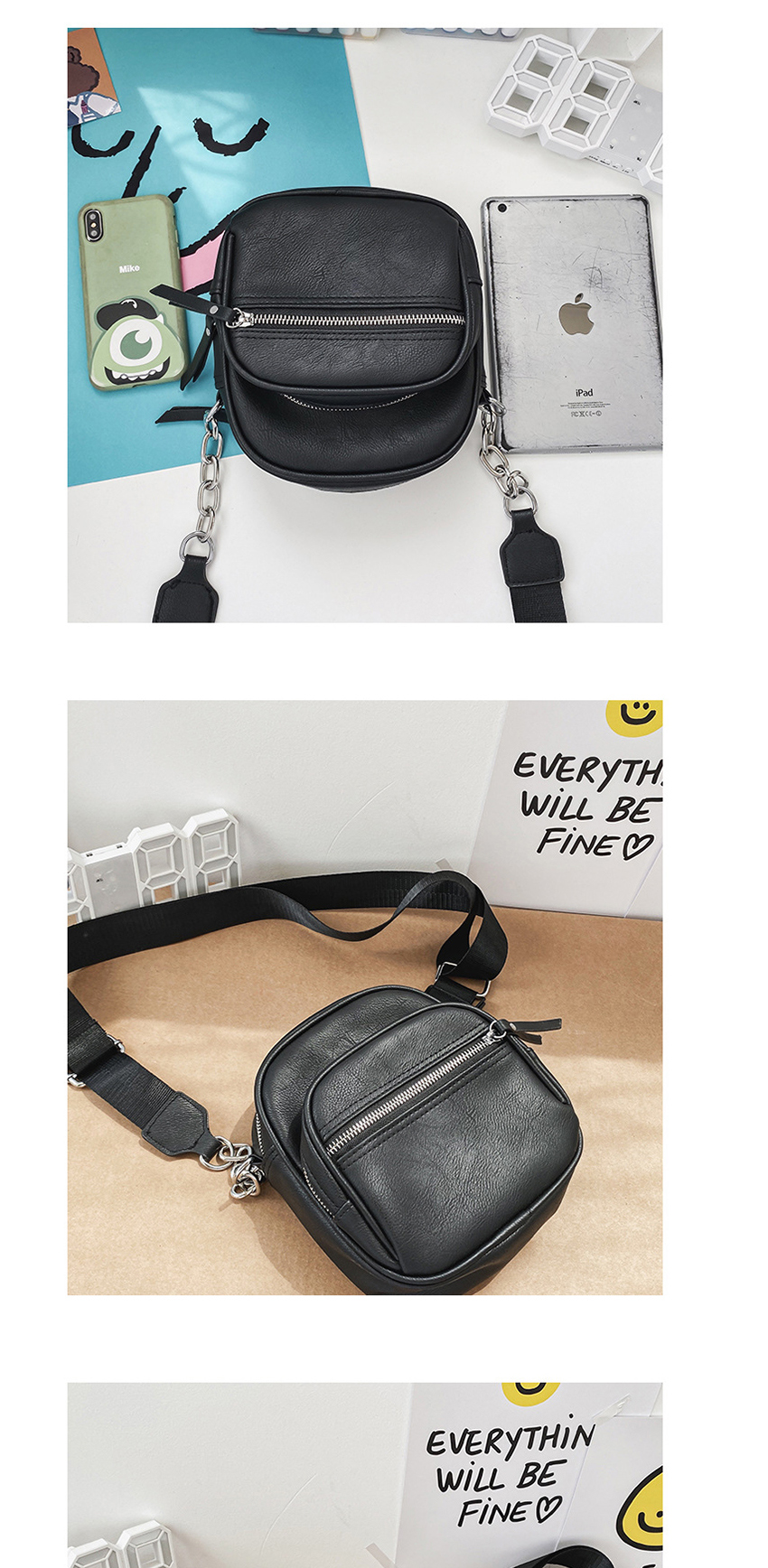 Fashion Black Solid Color Pu Chain Wide Shoulder Strap Crossbody Shoulder Bag,Messenger bags