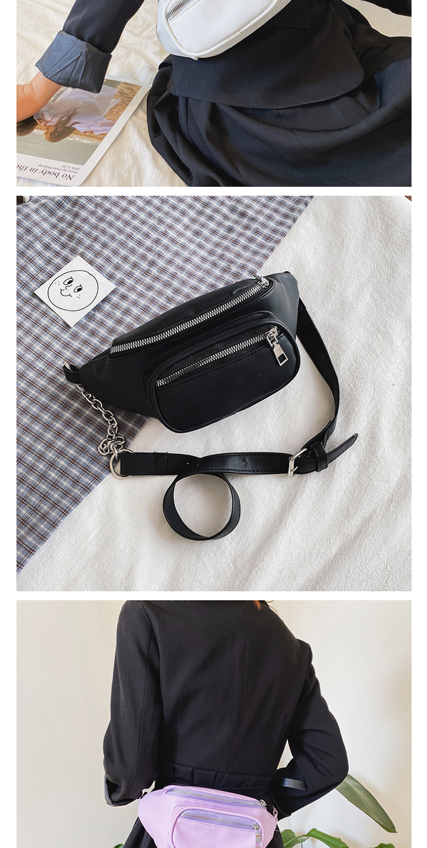 Fashion Black Pu Leather Solid Color Chain Crossbody Chest Bag,Shoulder bags