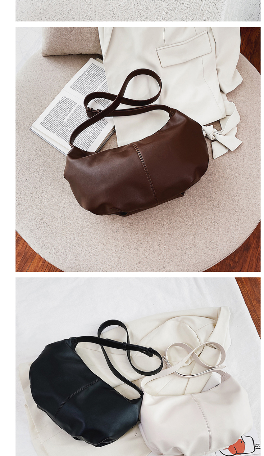 Fashion Brown Solid Color Pleated Pu Dumpling Shoulder Messenger Bag,Shoulder bags