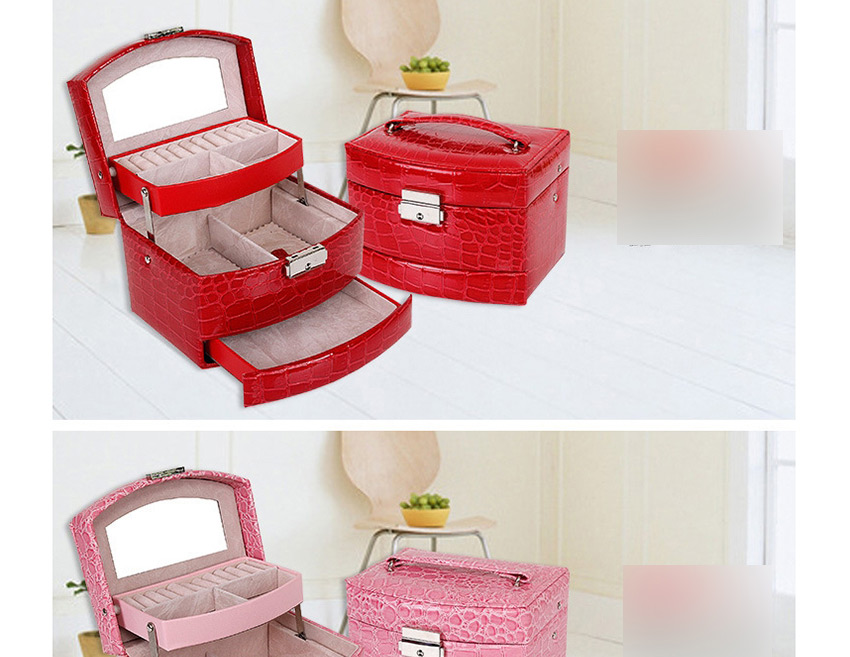 Fashion Scarlet Crocodile Pattern Leather Three-layer Storage Jewelry Box With Mirror,Jewelry Findings & Components