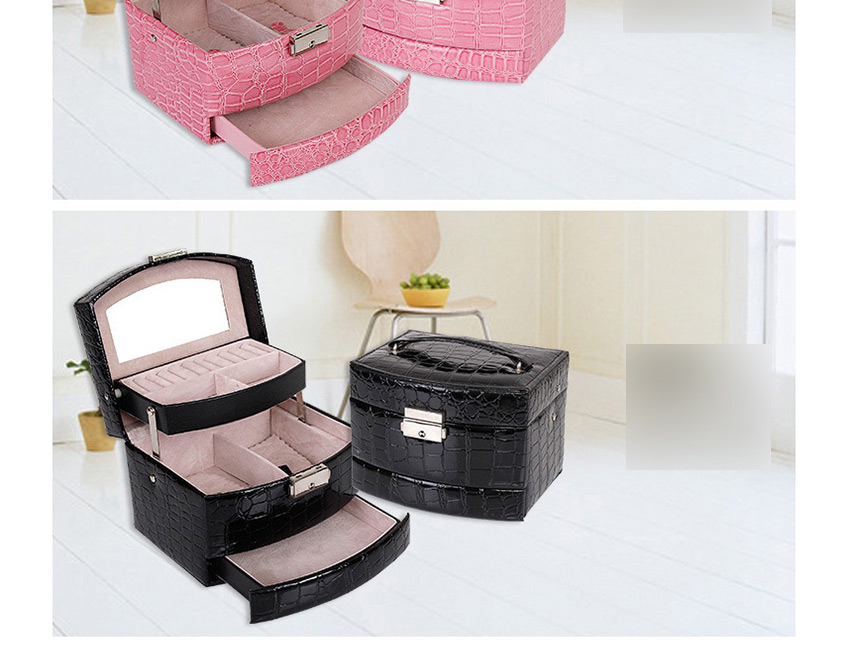 Fashion Pink Crocodile Pattern Leather Three-layer Storage Jewelry Box With Mirror,Jewelry Packaging & Displays