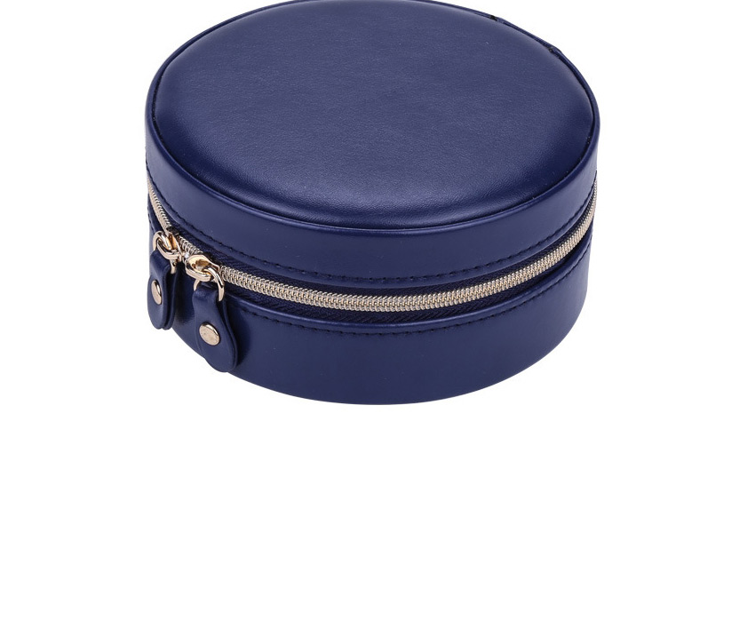 Fashion Dark Blue Round Portable Pu Leather Zipper Earrings Necklace Ring Storage Box,Jewelry Packaging & Displays