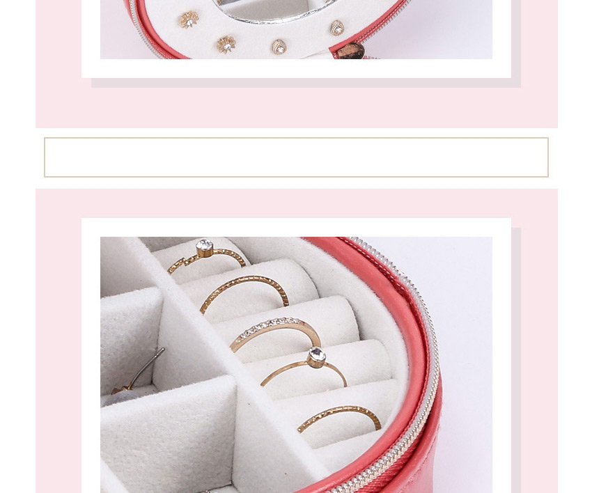 Fashion Nude Pink Round Portable Pu Leather Zipper Earrings Necklace Ring Storage Box,Jewelry Findings & Components