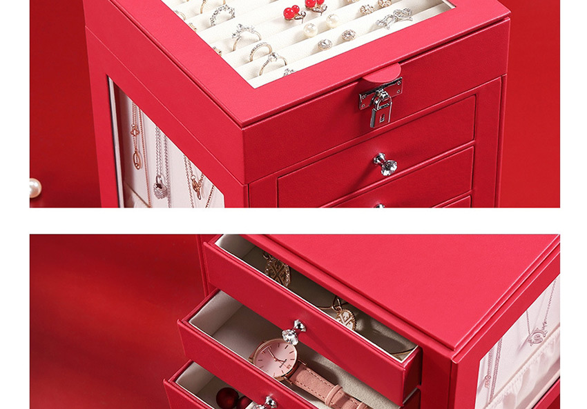 Fashion Red Large Capacity Five-layer Rotating Leather Window Jewelry Box,Jewelry Findings & Components