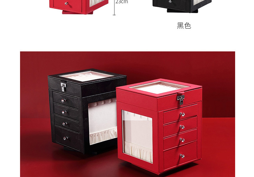 Fashion Red Large Capacity Five-layer Rotating Leather Window Jewelry Box,Jewelry Findings & Components