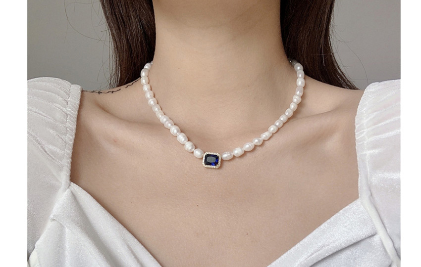 Fashion Necklace (sapphire Blue) Natural Freshwater Pearl And Diamond Geometric Necklace Bracelet,Beaded Necklaces