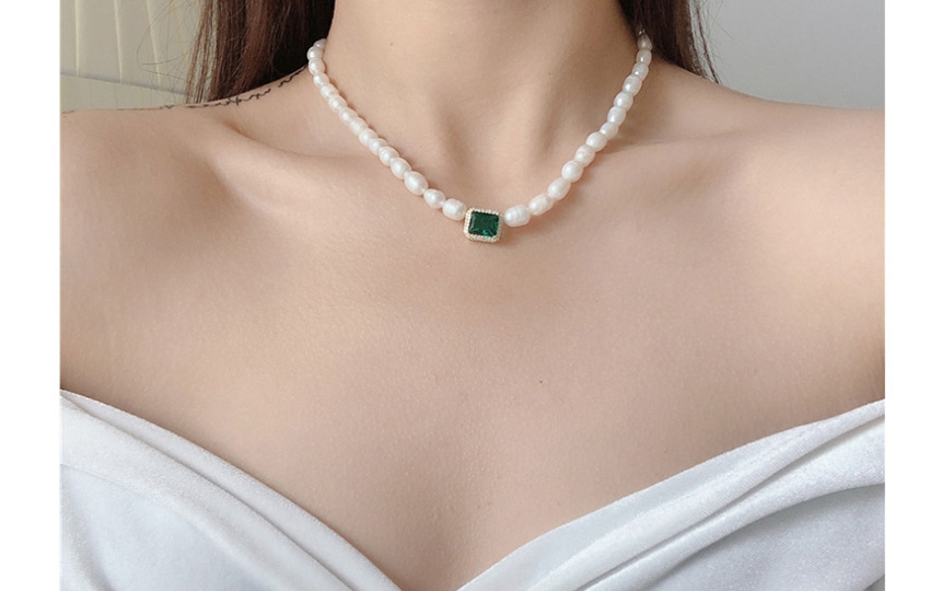 Fashion Necklace (emerald) Natural Freshwater Pearl And Diamond Geometric Necklace Bracelet,Beaded Necklaces