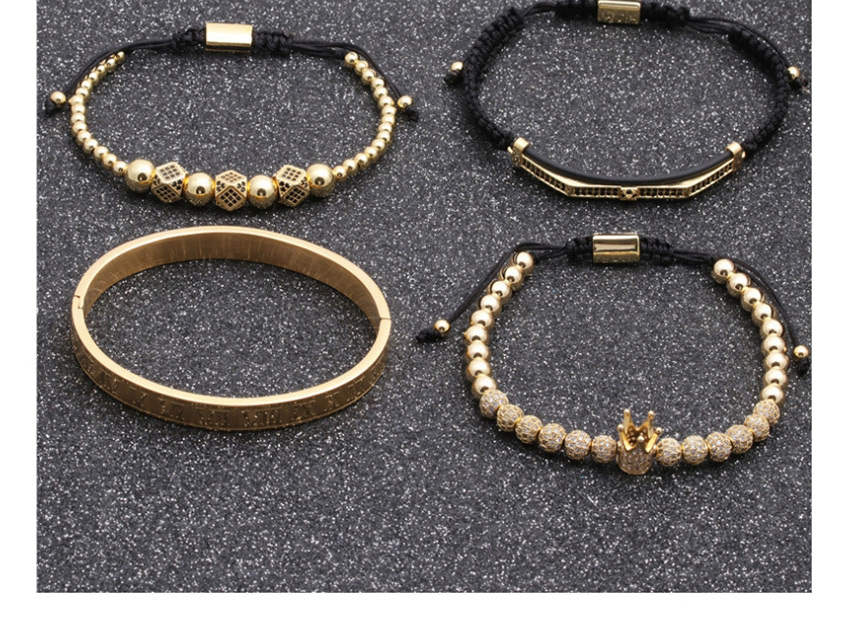 Fashion Golden Crescent Copper Inlay Zircon Crown 6mm Diamond Ball Double Row Crescent Mens Bracelet Set,Bracelets Set