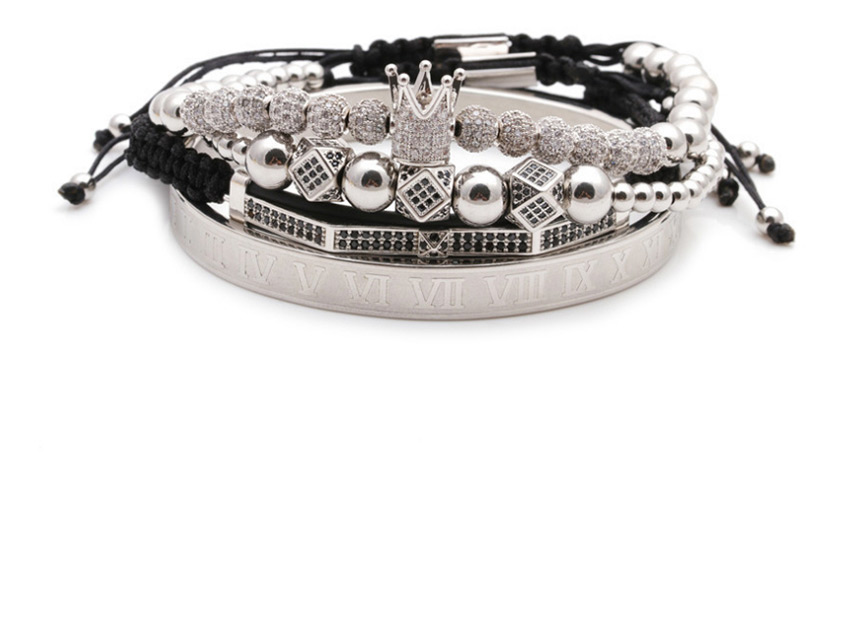 Fashion Black Crescent Copper Inlay Zircon Crown 6mm Diamond Ball Double Row Crescent Mens Bracelet Set,Bracelets Set