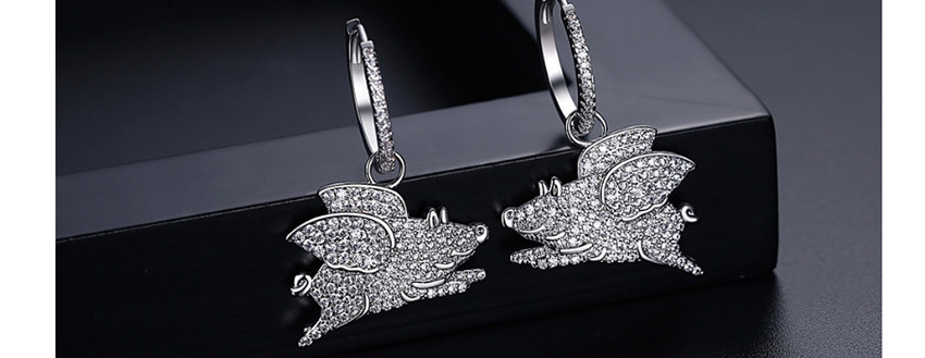 Fashion Platinum Copper Inlaid Zircon Flying Pig Earrings,Hoop Earrings