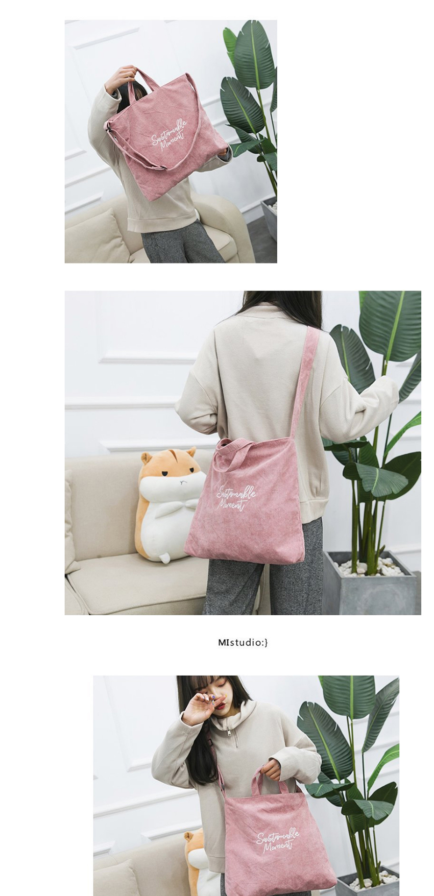 Fashion Pink Large Capacity Corduroy Letter Embroidered Shoulder Bag,Handbags