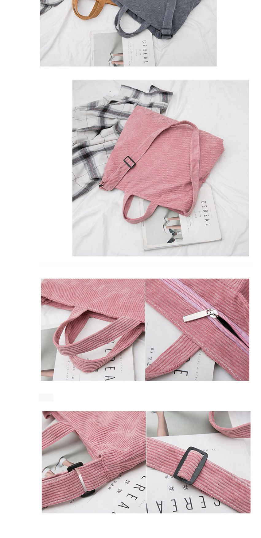 Fashion Pink Large Capacity Corduroy Letter Embroidered Shoulder Bag,Handbags