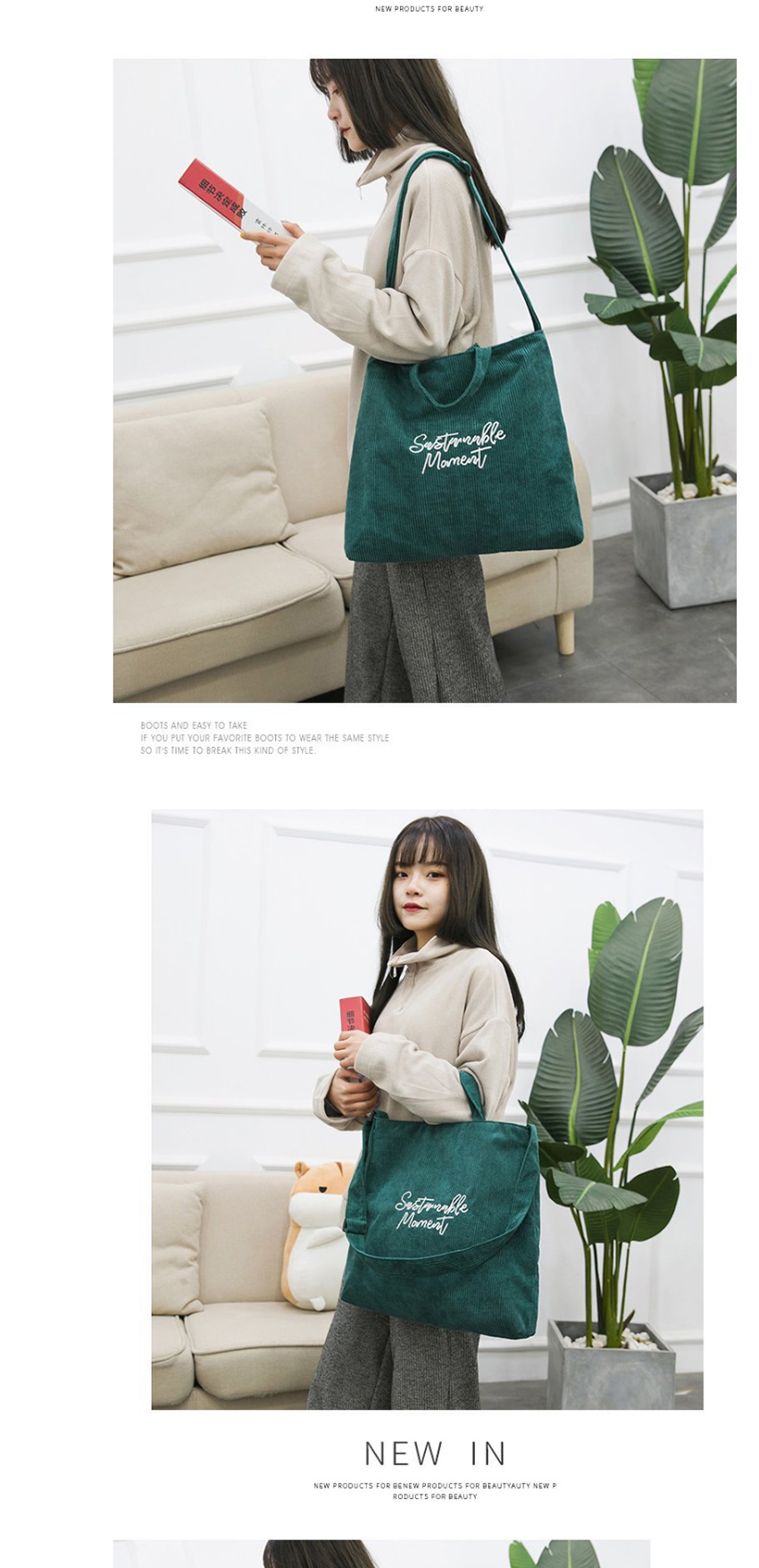 Fashion Green Large Capacity Corduroy Letter Embroidered Shoulder Bag,Handbags