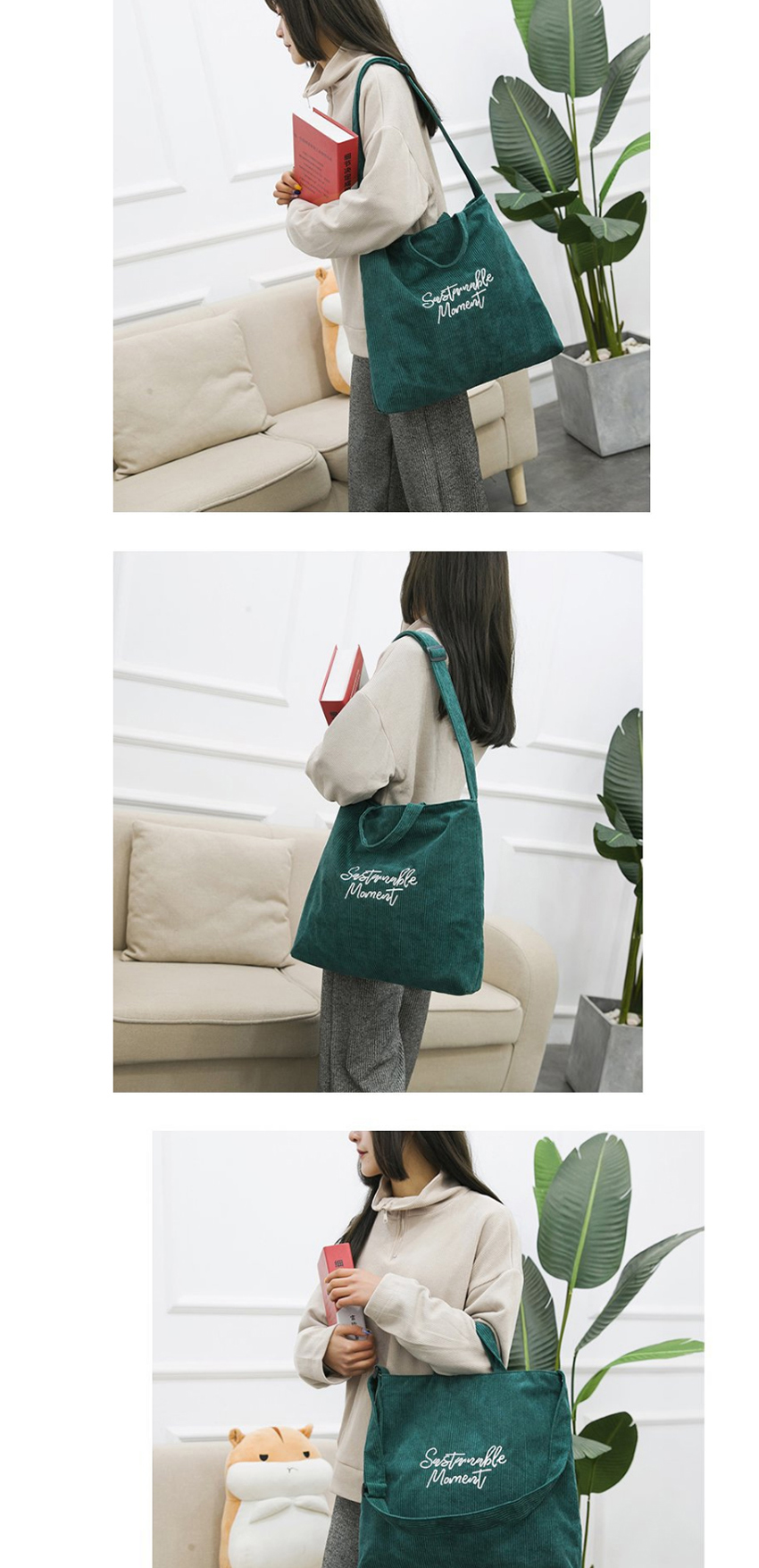 Fashion Green Large Capacity Corduroy Letter Embroidered Shoulder Bag,Handbags