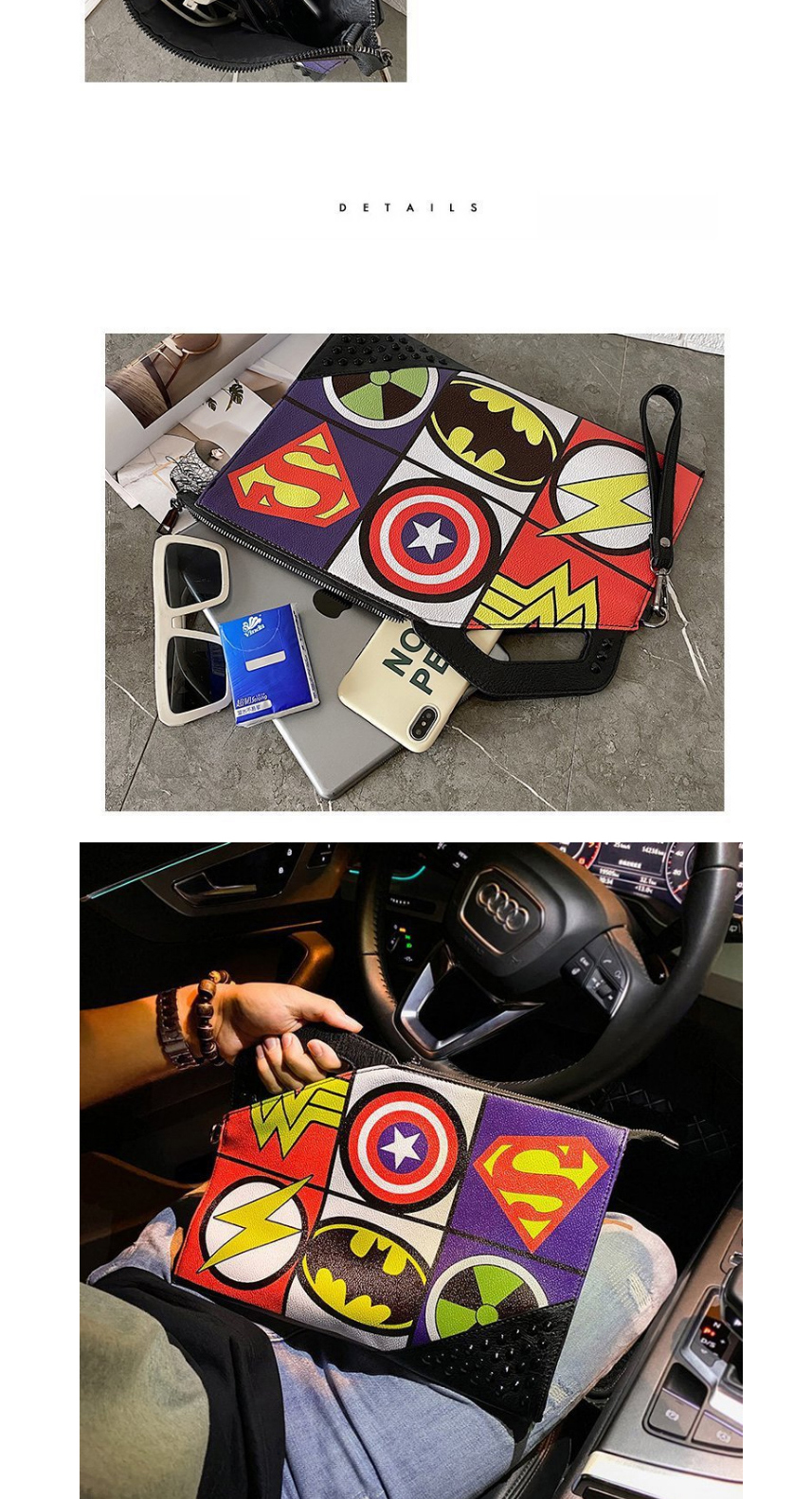 Fashion Black Lightning Superman Rivet Contrast Color Clutch,Handbags
