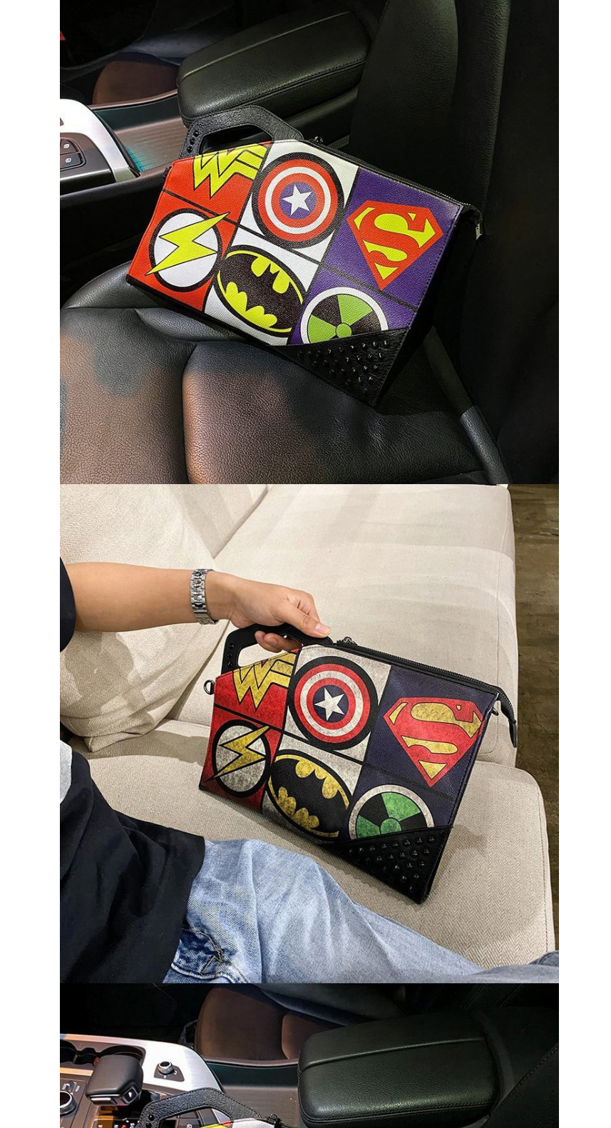 Fashion Black Lightning Superman Rivet Contrast Color Clutch,Handbags