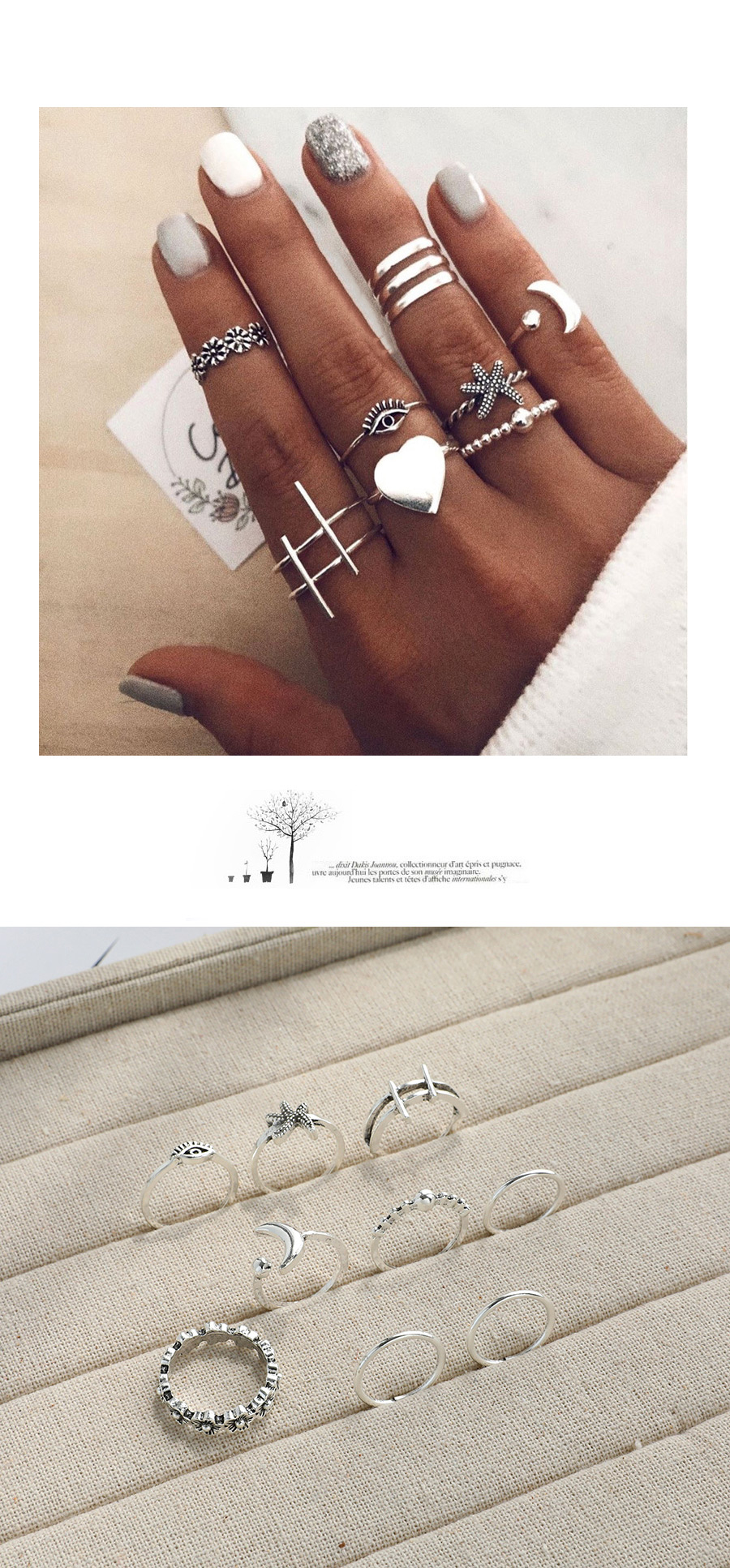 Fashion Silver Alloy Starfish Moon Eye Ring Set,Rings Set