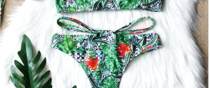 Fashion Green Background Printing Printed Tube Top Straps Split Shoulder Swimsuit,Bikini Sets