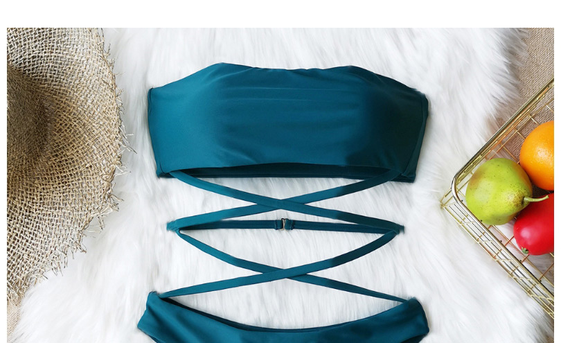 Fashion Blue Solid Color Strapless Tube Top Hollow Split Swimsuit,Bikini Sets