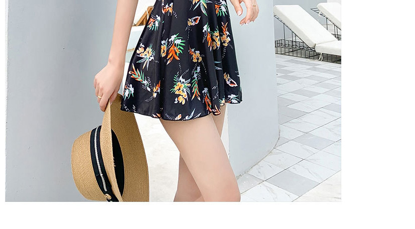 Fashion Floral On Black Mesh Stitching Floral One-piece Swimsuit,One Pieces