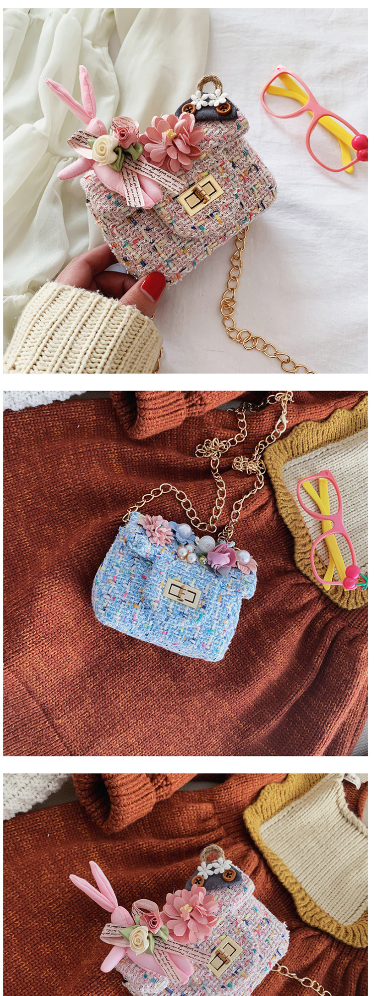 Fashion Rabbit-white Flower Lock Chain Child Shoulder Messenger Bag,Shoulder bags