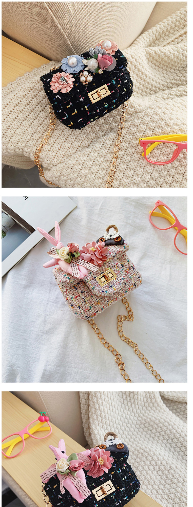 Fashion Rabbit-white Flower Lock Chain Child Shoulder Messenger Bag,Shoulder bags